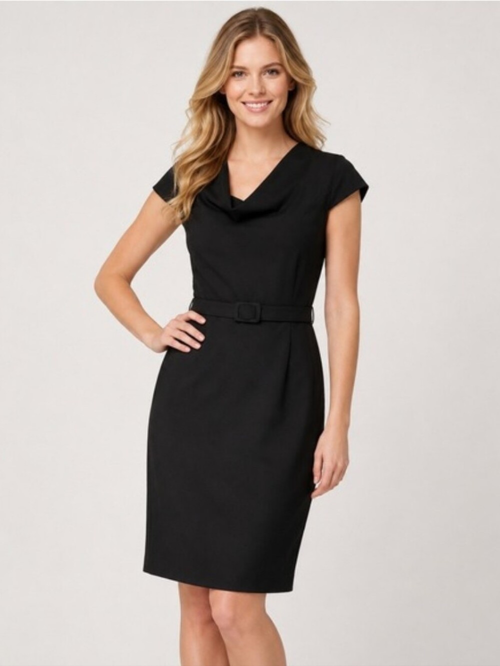 Calvin Klein Black Cowl Neck  Belted Sheath Dress SZ 10